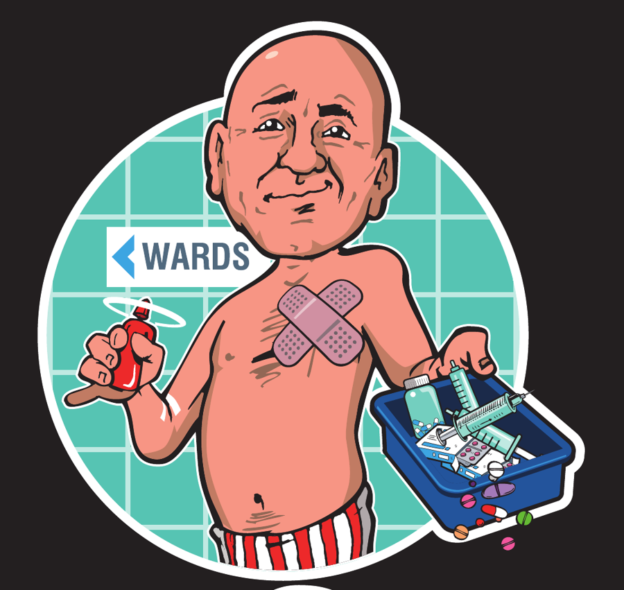 Illustrated portrait of a bald man with a mastectomy scar and bandages, holding a small bottle and a tray of medicines, standing in front of a hospital 'Wards' sign.